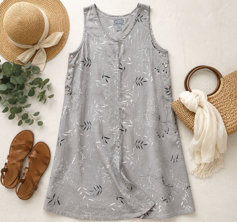 Jane Ashley Linen Cotton Maxi Dress L Gray Botanical Floral Print Button Side